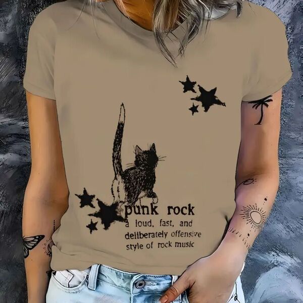 黒猫柄 パンクロックプリント 半袖Tシャツ