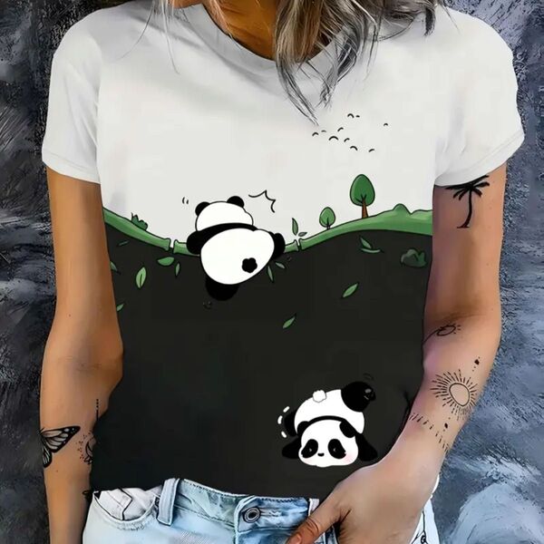 パンダ柄 モノクロ 半袖Tシャツ