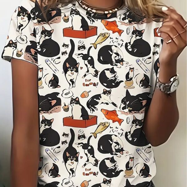 レトロ黒猫柄 半袖Tシャツ