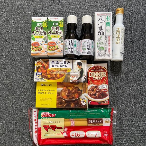 未開封_食品おまとめ_えごま油5本_麻の実油1本_カレールー3箱_1.6mmスパゲッティ600gの10点セット