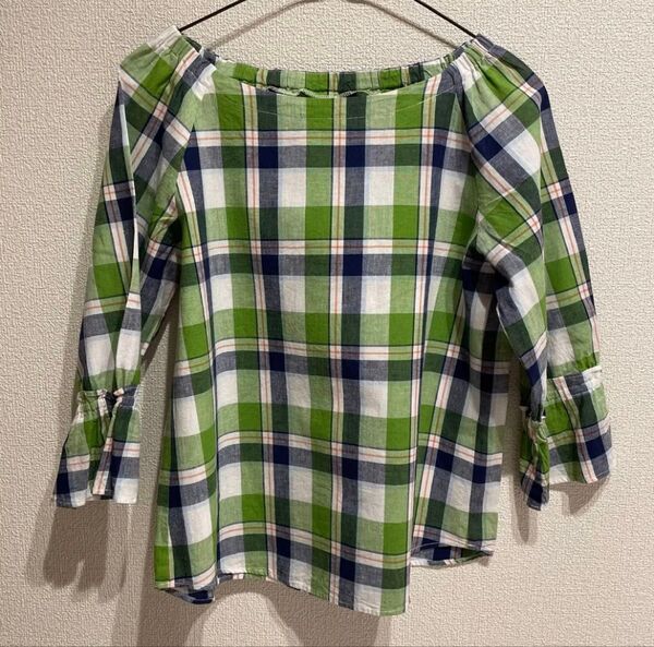 【美品】綿麻 チェック柄トップス グリーン系 クルーネック カットソー
