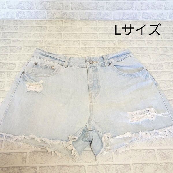 ライトブルー ダメージデニムショートパンツ