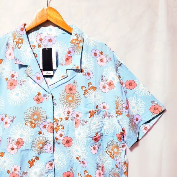 Disney チップとデール 花柄 半袖シャツ LL ブルー レディース 未使用 アロハシャツ 総柄 Tシャツ