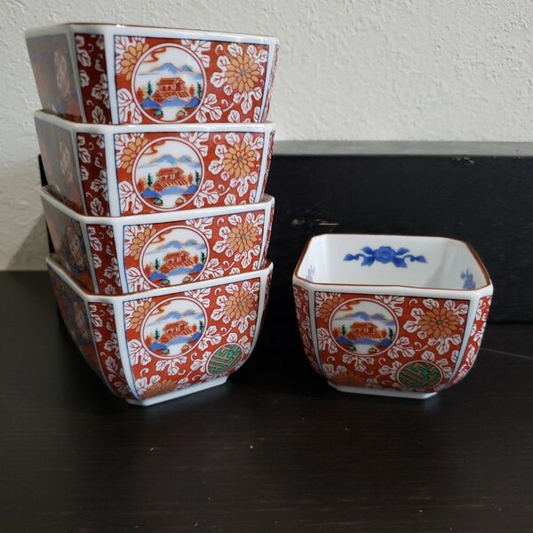 未使用品 三洋陶器 龍峰窯 錦彩古伊万里小付揃 小鉢 5個セット 小鉢 和食器 角鉢 古伊万里
