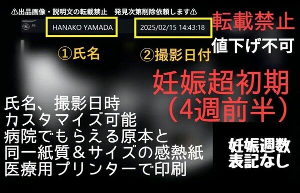 【値下げ不可】妊娠4週前半 撮影日時&氏名のカスタマイズ加工可能 原本同様感熱紙エコー写真 妊娠2ヶ月 妊娠初期