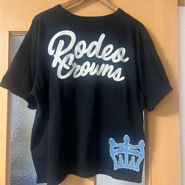 ロデオクラウンズゆるダボデニムロゴ刺繍バックプリントTシャツブラックフリーサイズ