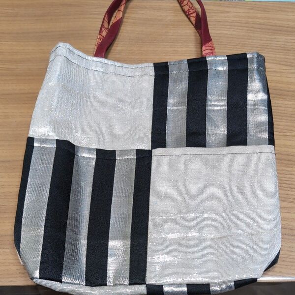 ハンドメイド ストライプ柄 トートバッグ シルバー×黒