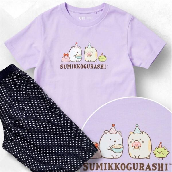 UNIQLO ユニクロ UT すみっコぐらし パープル リラコ付きドット 130 半袖Tシャツ 女の子しろくま ねこ とかげ