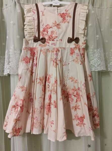 ハンドメイド 100センチ ワンピース 花柄 袖フリル リボン
