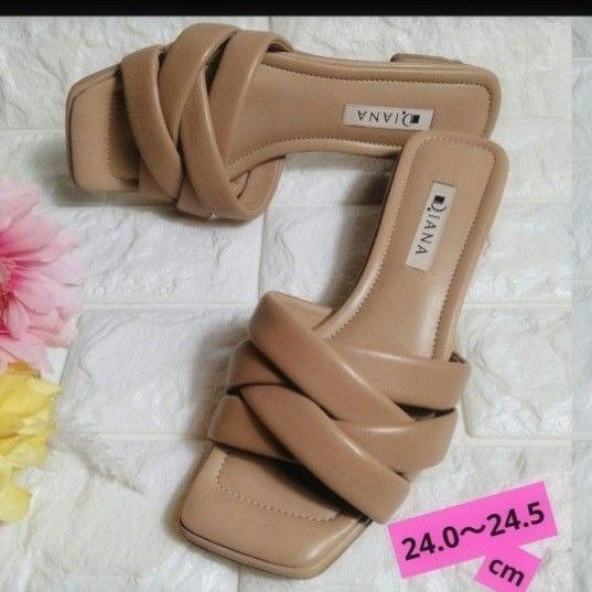 ダイアナ DIANA レザー ミュール サンダル 編み込み スクエアトゥ 日本製 ベージュ ローヒール