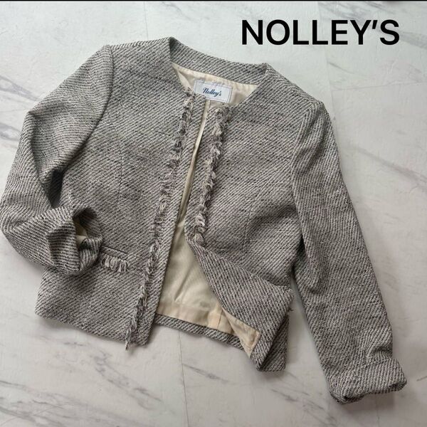 ノーリーズ nolley’s 綿 ノーカラー ツイードジャケット 36