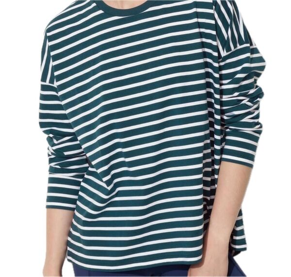 UNIQLO スムースコットンリラックスボーダーT ダークグリーン