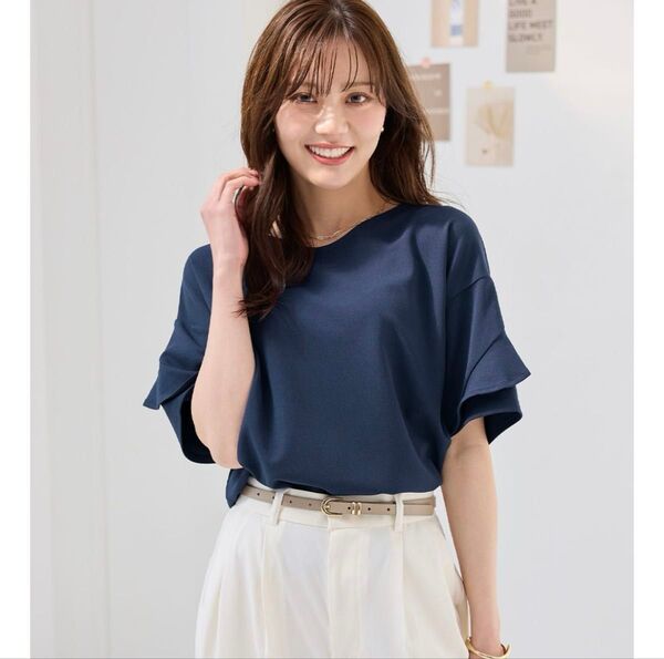 アロッタ Alotta フリル袖Tシャツブラウス (ネイビー)4L