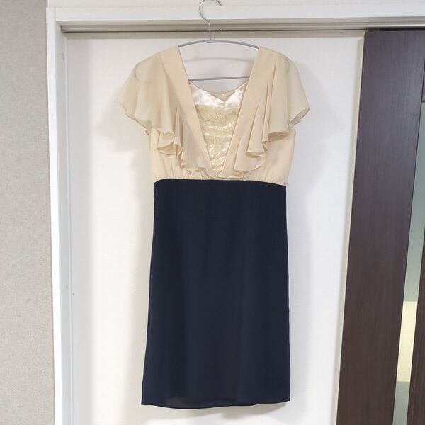 バイカラーワンピース ベージュ ネイビー シフォン 結婚式ドレス パーティードレス