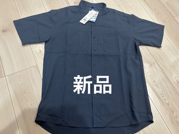 新品☆半袖スタンドカラーシャツ ネイビー Lサイズ カリキュロ使用