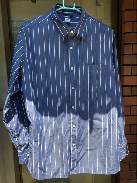 美品 ユニクロ エクストラファインコットンブロードストライプシャツ(長袖)XL ネイビー69 春夏 商品番号:436429
