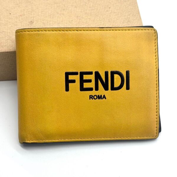 【希少】FENDI フェンディ 二つ折り財布 コインケース カードケース ロゴ レザー バイカラー イエロー ブラック