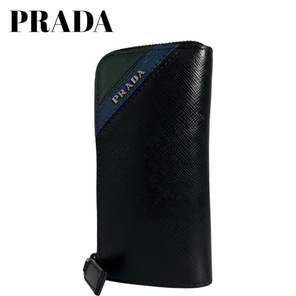 【極美】PRADA プラダ コインケース ミニ財布 ファスナー サフィアーノレザー キーリング バイカラー ロゴ金具 メンズ