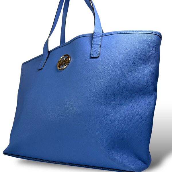 【良品】MICHAEL KORS マイケルコース MK トートバッグ 肩掛け かばん 鞄 A4 大容量 ゴールドロゴ 青 ブルー