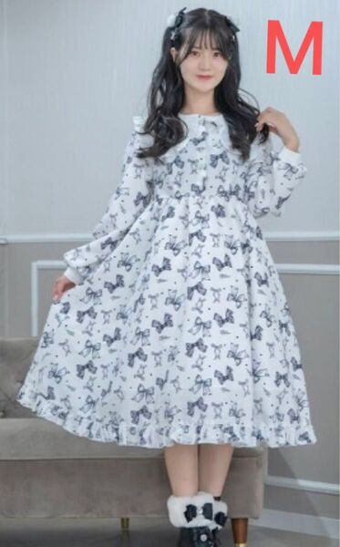 新品 眞白ありす 長袖ワンピース リボン柄 Mサイズ 白×黒 ロリータ 甘カジ お嬢様系 量産型 地雷系 甘ロリ ロングワンピ