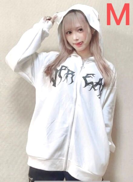 新品 樺音 コラボ ネコ耳 ジップパーカー 白 Mサイズ 猫耳 ネコミミ 英字ロゴ入り サブカル 地雷系 天使界隈 匿名