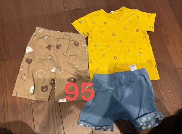 【3点まとめ売り】95サイズ からし色 動物総柄 くま ペイズリー柄 裾 ショートパンツ Tシャツ 西松屋