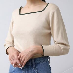 カスタネ スクエアパイピング ロング リブニット アイボリートップス 長袖