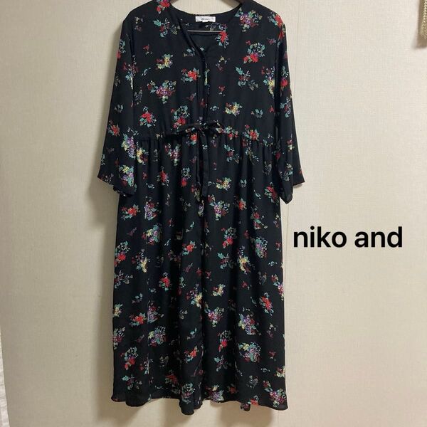 ニコアンド niko and 花柄 ワンピース 総柄ロングワンピース ウエストリボン 前開きワンピース サイズ3 訳あり