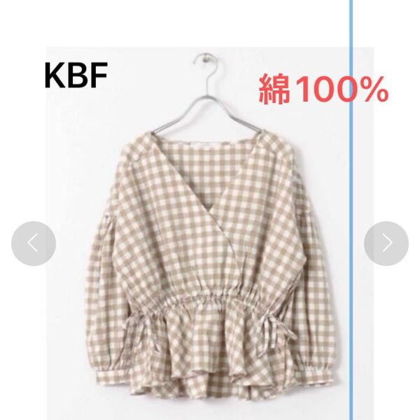 KBF 長袖カシュクールブラウス トップス チェック シャツ 綿100%