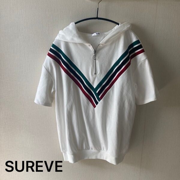 SUREVE ハーフジップ パーカー 3本Vラインカットソー ホワイト 綿混