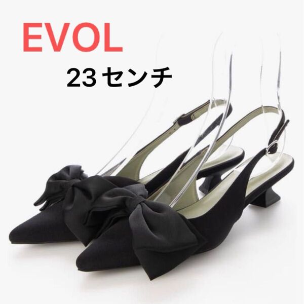 EVOLイーボル 取り外しリボン付きバックストラップサンダル ローヒールサンダル 黒 23センチ パンプス ブラック