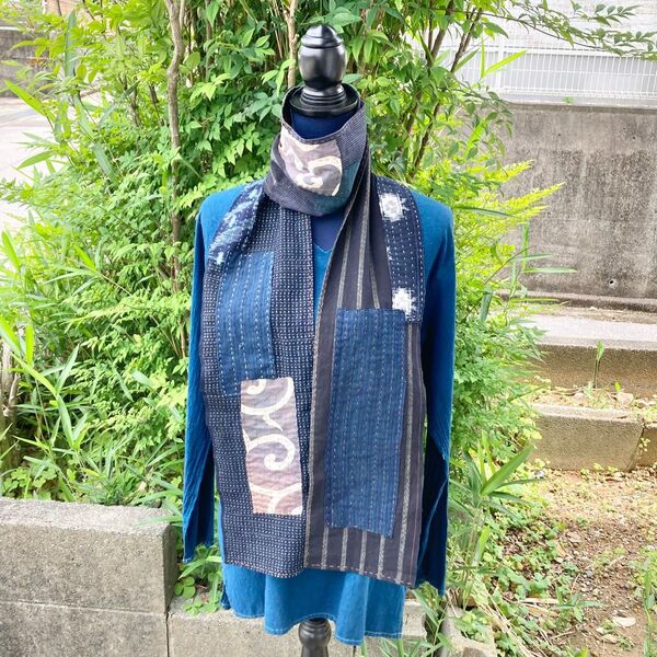 903 襤褸 ストール 古布 リメイク 藍染 藍染め パッチワーク 刺し子 ヴィンテージ ボロ 古裂