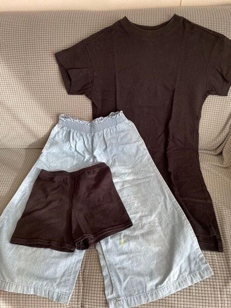 1回着用美品含む ユニクロ ブラックTシャツワンピース デニムガウチョパンツ 130サイズ