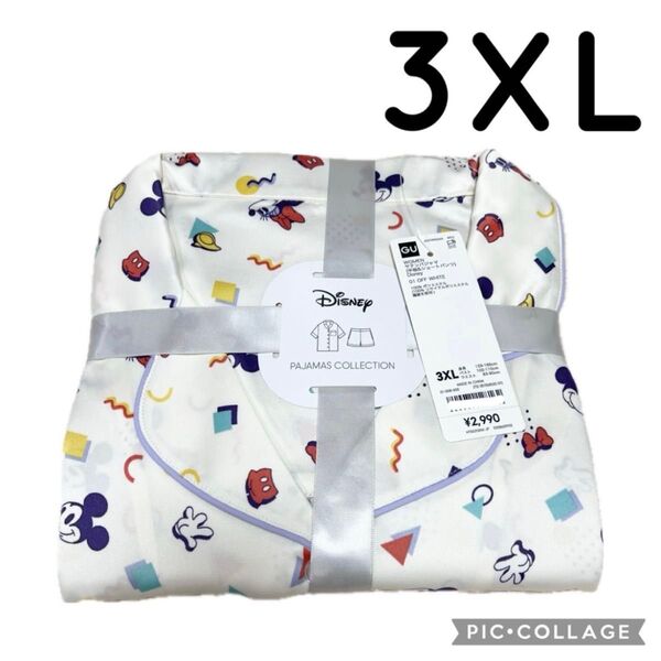 GU サテンパジャマ 半袖 ディズニー オフホワイト 3XL 4L ルームウェア ジーユー ショートパンツ ミッキー ミニー 新品