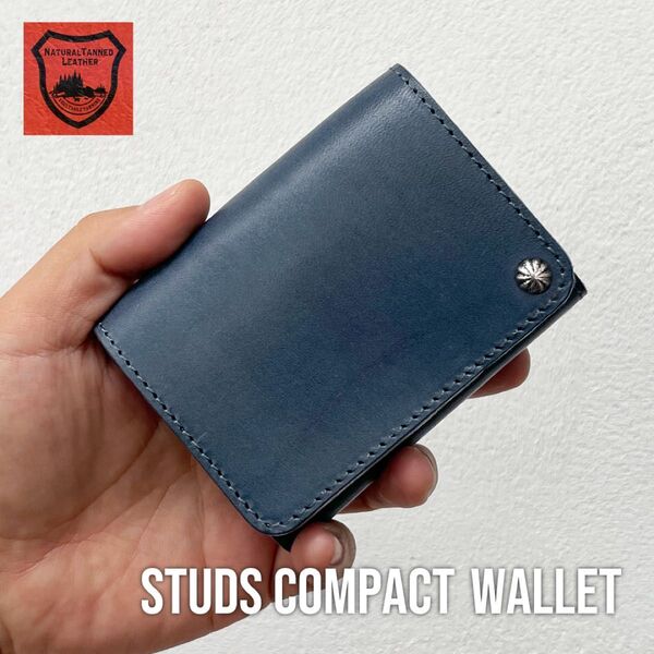 栃木レザー コンパクト財布 ミニ財布 スタッズ財布 二つ折り財布 メンズ財布 wallet 小さい財布 【新品】 ネイビー