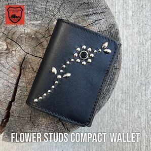 栃木レザー コンパクト財布 ミニ財布 スタッズ財布 二つ折り財布 メンズ財布 wallet 小さい財布 牛革 本革 新品 ブラック