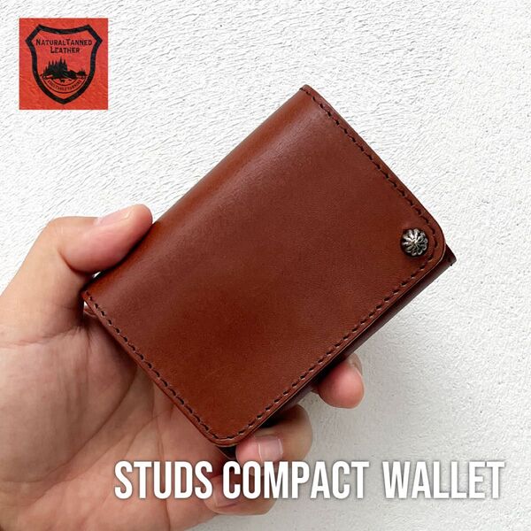 栃木レザー コンパクト財布 ミニ財布 スタッズ財布 二つ折り財布 メンズ財布 wallet 小さい財布 牛革 本革 新品 ブラウン