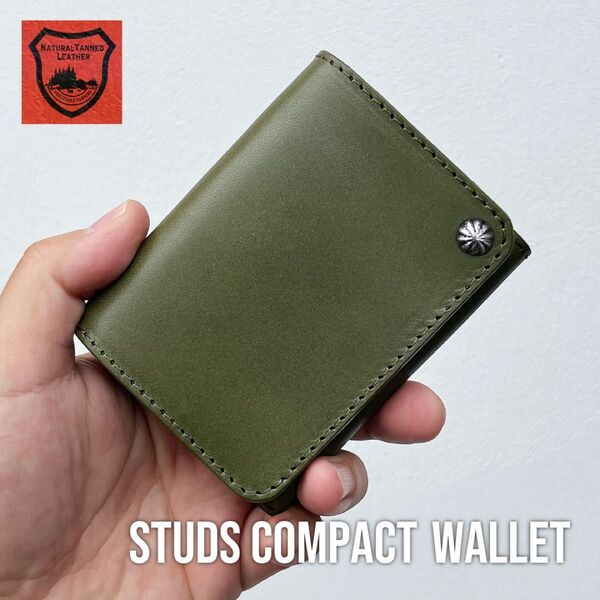 栃木レザー コンパクト財布 ミニ財布 スタッズ財布 二つ折り財布 メンズ財布 wallet 小さい財布 牛革 本革 新品 グリーン