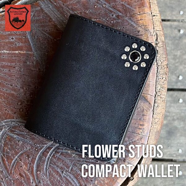 栃木レザー コンパクト財布 ミニ財布 スタッズ財布 二つ折り財布 メンズ財布 wallet 小さい財布 牛革 本革 新品 ブラック