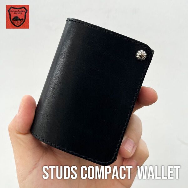 栃木レザー コンパクト財布 ミニ財布 スタッズ財布 二つ折り財布 メンズ財布 wallet 小さい財布 牛革 本革 新品 ブラック