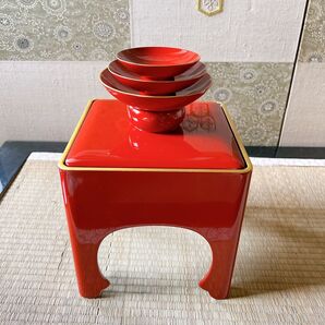 朱漆塗り 三々九度 三つ盃 レトロ 木箱 縁起物 元箱付き 屠蘇器