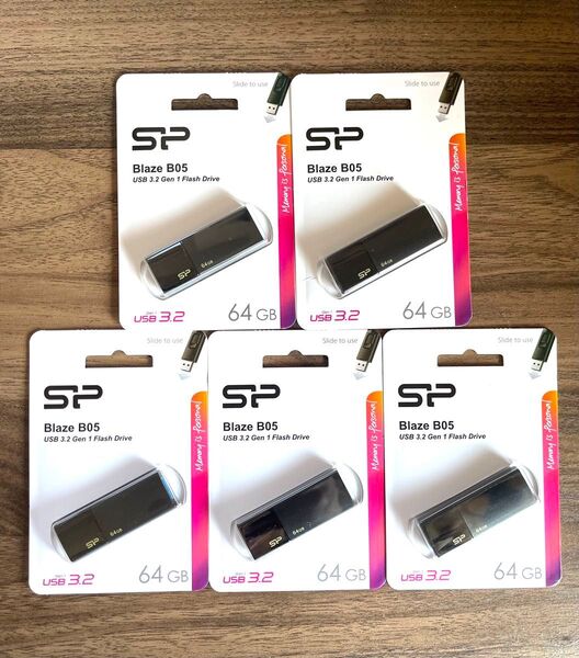 USBメモリー 64GB シリコンパワー USB3.0 スライド式【5個セット】