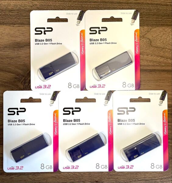 USBメモリー8GB シリコンパワー USB3.0スライド式(紺)【5個セット】