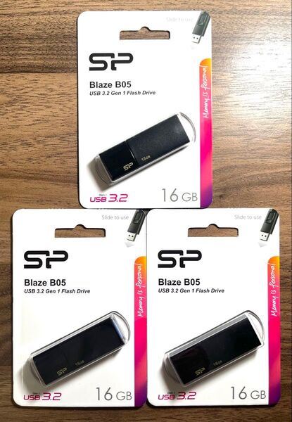 USBメモリー16GB シリコンパワーUSB3.0スライド式(黒)【3個セット】