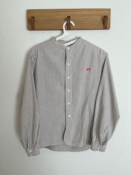 DANTON ダントン ノーカラー ストライプシャツ 36 グレー 長袖 バンドカラー レディース