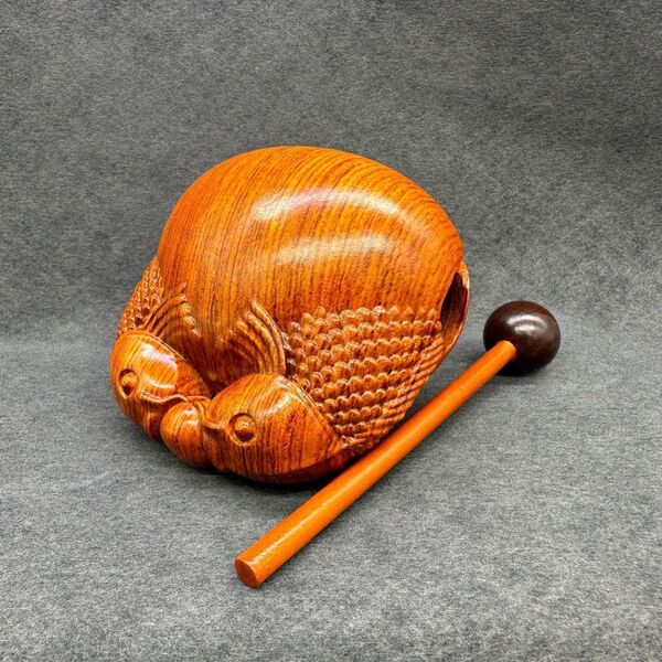 紅檀木製 双魚戯珠彫刻 ミニ木魚セット B860