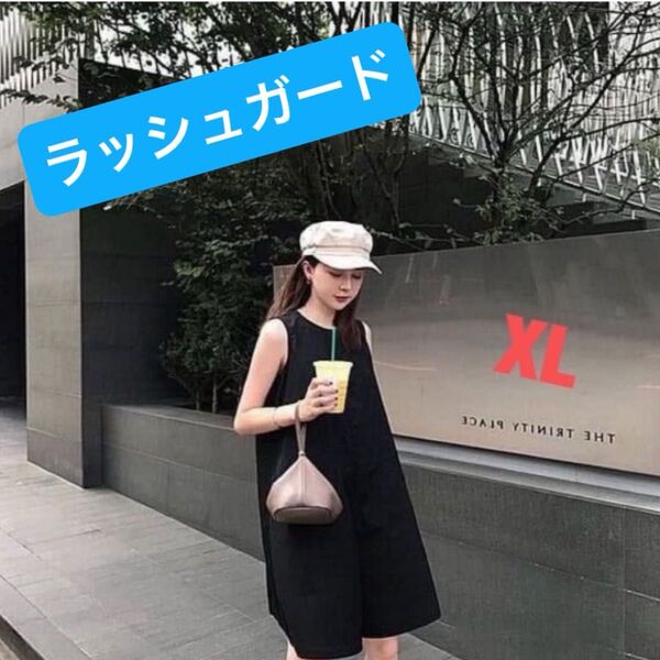 【値下げします】ショート丈 ジャンプスーツ ブラック XL リゾート 旅行 ラッシュガード オールインワン サロペットパンツ