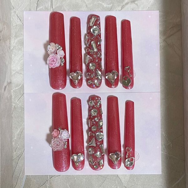 キッズネイルチップ ギャルネイル コギャル kogyaru スーパーロングスクエア つけ爪 姫ギャル ピンク 薔薇 ハート