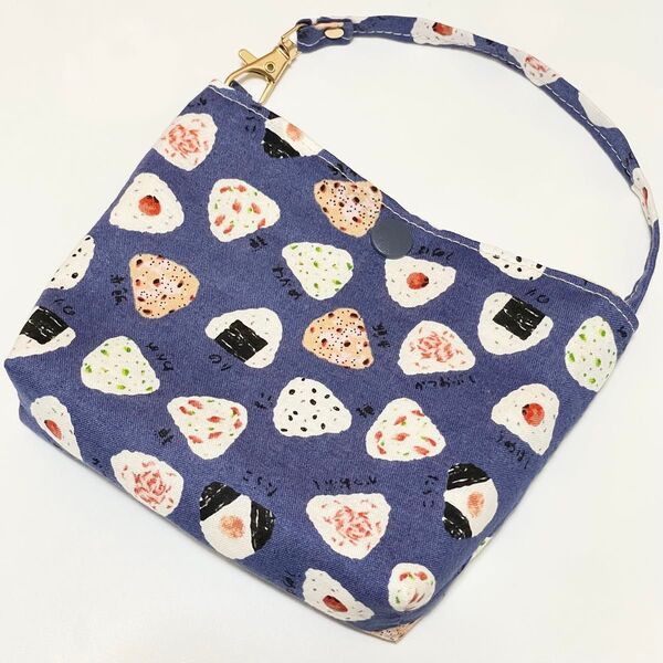 おにぎり おむすび柄 バッグポーチ ブルー ハンドメイド
