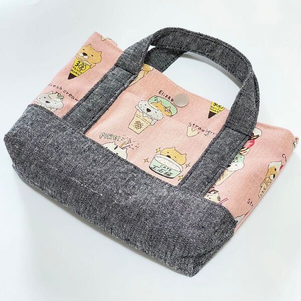 猫 アイス柄 お散歩 ミニトート バッグ ピンク ハンドメイド